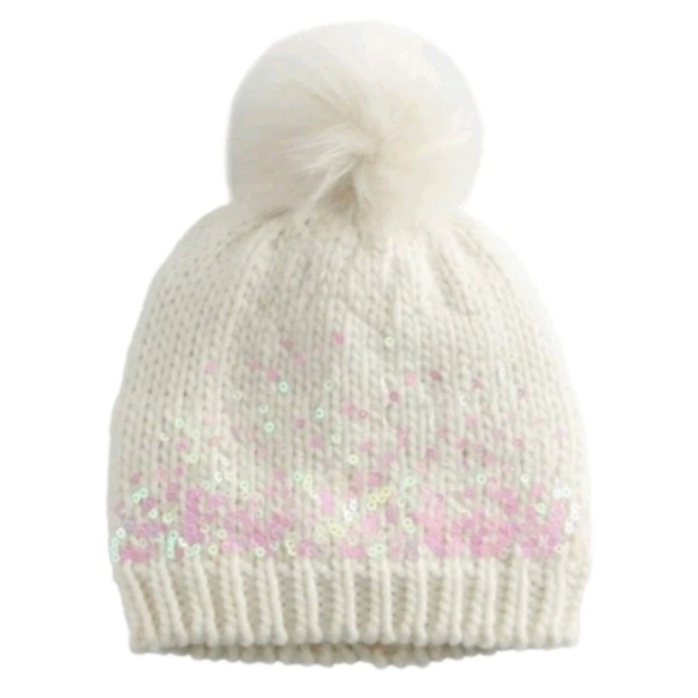 LC Lauren Conrad Gradient Sequin Winter Beanie Hat Faux Fur Pom Fleece Lined NWT